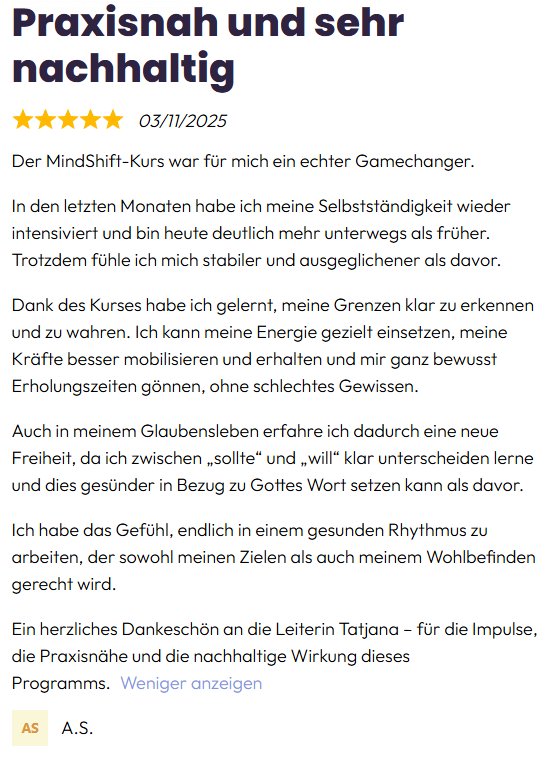 MindShift - zufriedene Kundin bewertet den Kurs