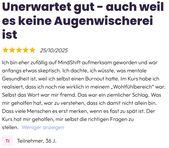 bewertung für den präventiven Kurs MindShift